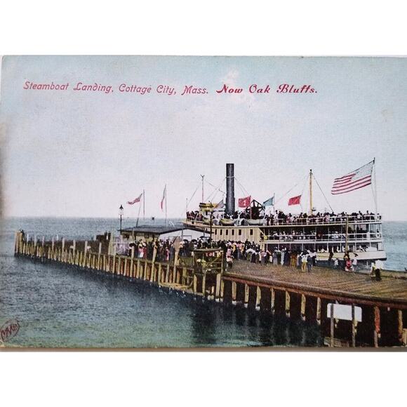 Ship Boat Postcard Steamboat Landing Cottage City Mass Oak Bluffs Flags People - Picture 1 of 3